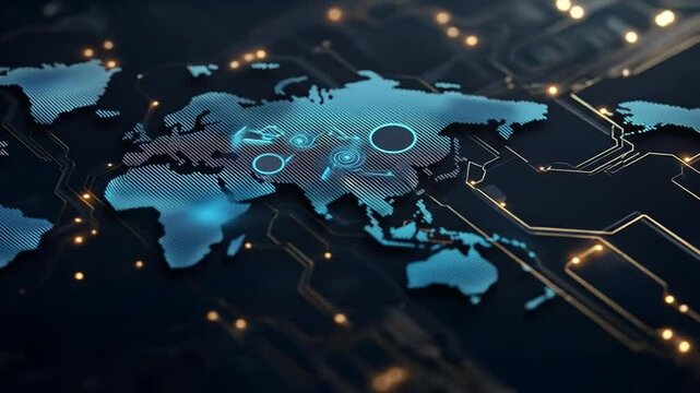 Global interconnectedness, a world map overlaid on a complex circuit board, suggesting global technology and communication networks.  Elements of data processing are subtly depicted - Powered by Adobe