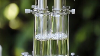 Extraction process showcasing liquid being filtered into glass containers against greenery