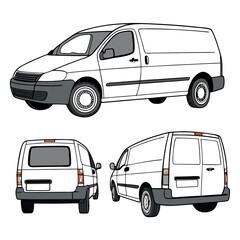 Three Views of a White Delivery Van Front Perspective Rear View and Three Quarter Angle Isolated on a White Background Outlined in Black for