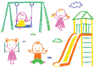 Kids enjoying summer fun, playing together on a playground swing, captured in a delightful cartoon illustration