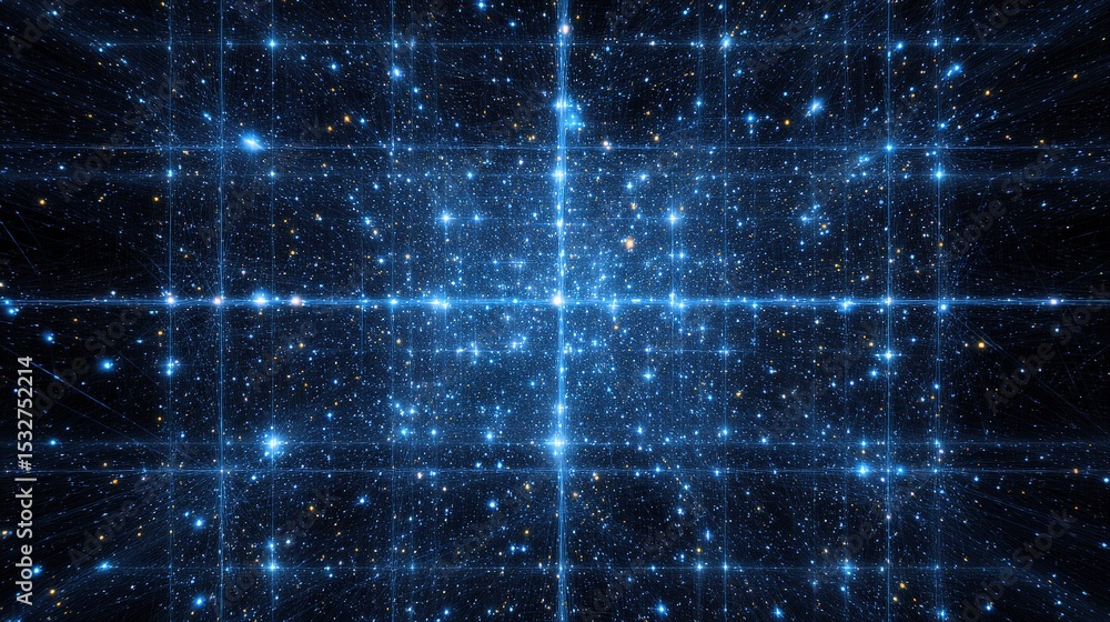 Poster digital blue fractal grid displaying cosmic connections in space