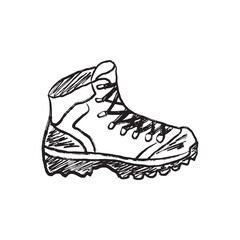 Hiking boot for outdoor walking, hiking, climbing, with support and protection in black brush stroke texture isolated on white. Hand drawn vector sketch illustration in vintage charcoal ink.