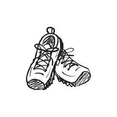 Pair of athletic shoes, hiking sneakers with laces for walking, running, casual wear in black brush stroke texture isolated on white. Hand drawn vector sketch illustration in vintage charcoal ink.