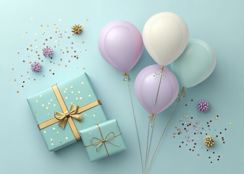 Pastel balloons gifts and confetti festive celebration - Powered by Adobe