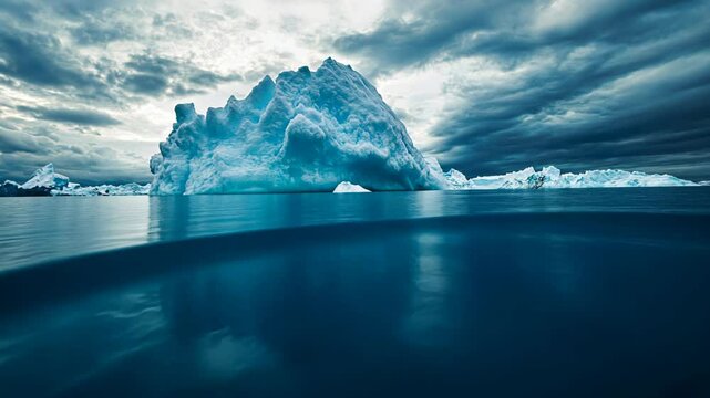 cold blue icy ocean with iceberg half underwater view and half over water view, half water, half sky	
