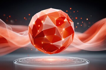 Abstract geometric sphere with dynamic red tones and digital network visualization