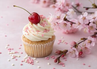 Delicious vanilla cupcake topped with cherry and pink sprinkles