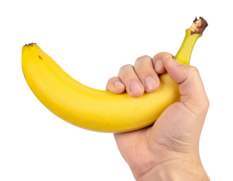 Pale skinned hand gripping yellow banana, showcasing fresh produce against clean backdrop with crisp detail