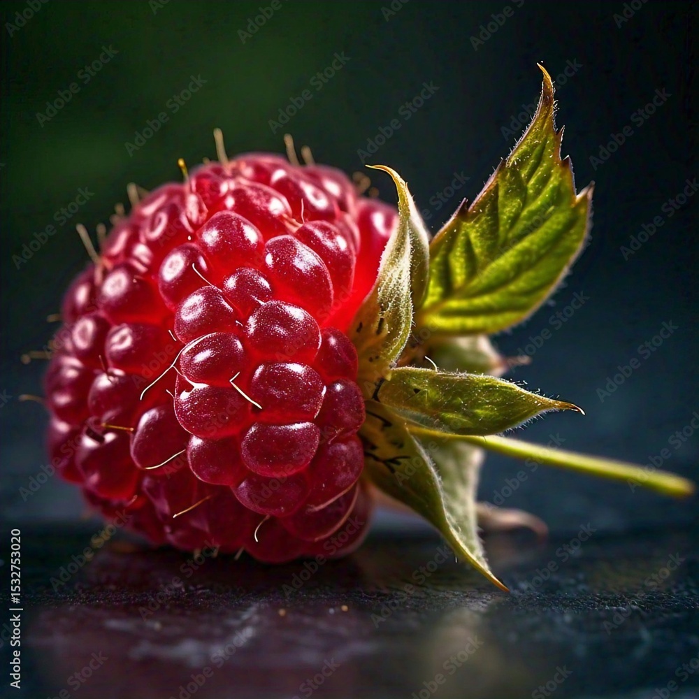 Poster a single ripe red raspberry with its green calyx and stem is captured in a close up shot against a d