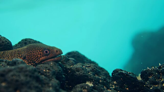 A large moray eel peeking out from a dark rock crevice, showcasing its mysterious and predatory nature within a vibrant underwater reef