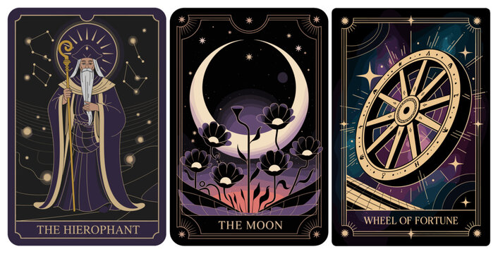 Vector illustration set of tarot cards, The Moon, Wheel of Fortune, and The Hierophant. Mystic art design for divination, esoteric themes, and spiritual decor.