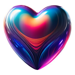 3D heart shaped, glossy iridescent gradient glass surface, reflects pink, blue, green, yellow, purple hues, smooth futuristic vibrant object, isolated on transparent background, cutout, png.