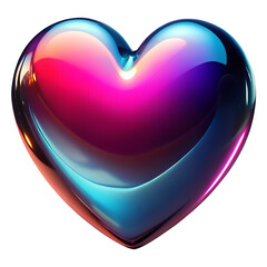 3D heart shaped, glossy iridescent gradient glass surface, reflects pink, blue, green, yellow, purple hues, smooth futuristic vibrant object, isolated on transparent background, cutout, png.