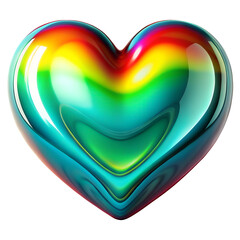 3D heart shaped, glossy iridescent gradient glass surface, reflects pink, blue, green, yellow, purple hues, smooth futuristic vibrant object, isolated on transparent background, cutout, png.
