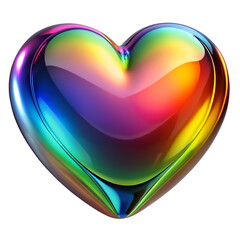 3D heart shaped, glossy iridescent gradient glass surface, reflects pink, blue, green, yellow, purple hues, smooth futuristic vibrant object, isolated on transparent background, cutout, png.