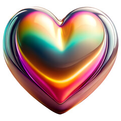 3D heart shaped, glossy iridescent gradient glass surface, reflects pink, blue, green, yellow, purple hues, smooth futuristic vibrant object, isolated on transparent background, cutout, png.