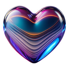3D heart shaped, glossy iridescent gradient glass surface, reflects pink, blue, green, yellow, purple hues, smooth futuristic vibrant object, isolated on transparent background, cutout, png.