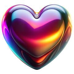 3D heart shaped, glossy iridescent gradient glass surface, reflects pink, blue, green, yellow, purple hues, smooth futuristic vibrant object, isolated on transparent background, cutout, png.