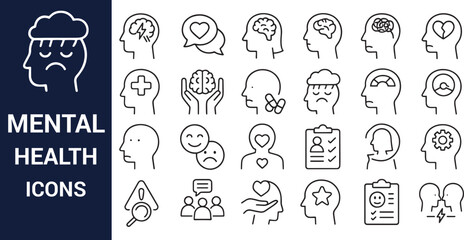 Comprehensive Collection of Mental Health Line Icons  Support, Wellness, and Brain Health Symbols