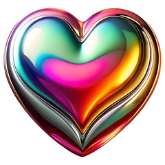 3D heart shaped, glossy iridescent gradient glass surface, reflects pink, blue, green, yellow, purple hues, smooth futuristic vibrant object, isolated on transparent background, cutout, png.