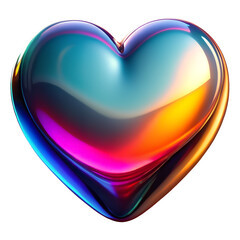3D heart shaped, glossy iridescent gradient glass surface, reflects pink, blue, green, yellow, purple hues, smooth futuristic vibrant object, isolated on transparent background, cutout, png.