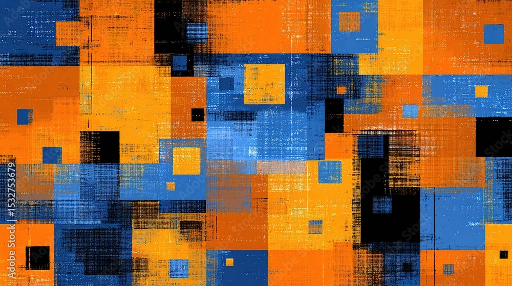 Poster vibrant abstract pattern of blue and orange blocks and squares design