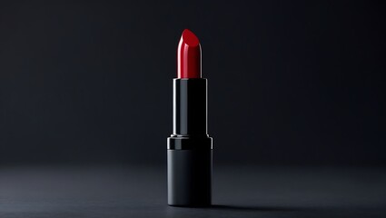 Obraz premium Single red lipstick on black background elegant cosmetic product photography