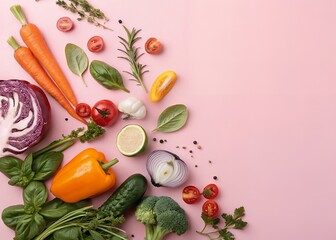 Fresh vegetables and herbs on pink background