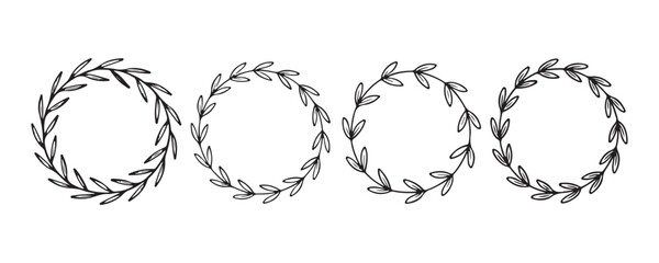 Obraz premium Leaves circle frame, Set of doodle hand drawn decorative wreath with branch herb plant leave and flower floral 