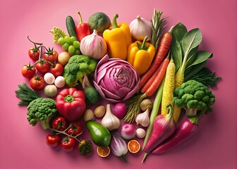 Vibrant assortment of fresh vegetables and fruits on pink background