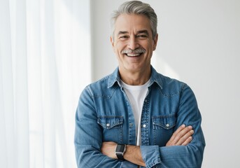 Happy mature man in denim shirt isolated on white background