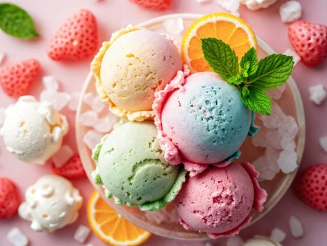 Colorful Ice Cream Scoops with Fruits and Mint on Ice