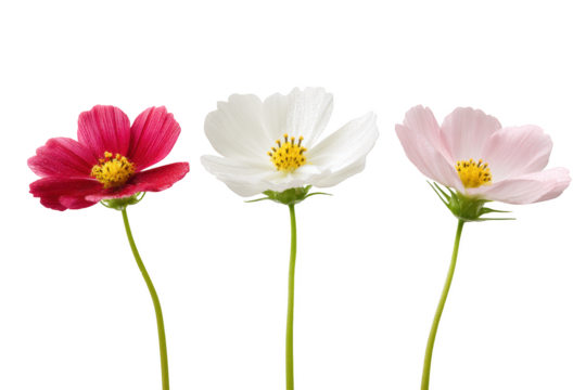 Three cosmos flowers of vibrant hues are elegantly arranged in a clean, minimalist composition.