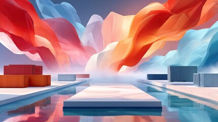 Abstract landscape with vibrant flowing forms and industrial containers