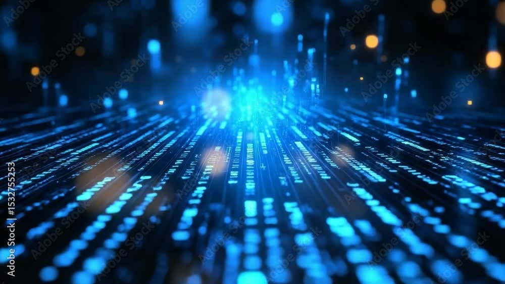 Poster abstract digital data flow visualization with blue light and orange bokeh effects