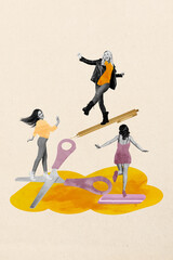 Sketch pop contemporary photo collage of happy girls guys stand scissors eraser pencil education office partners supplies