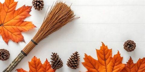 Autumnal Decor with a Broomstick and Pinecones