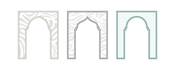 Elegant Islamic arch frame with abstract wave pattern in traditional outline style for cultural decorative vector design illustration template artwork.