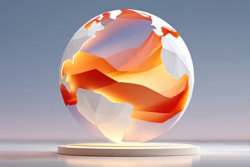 Low poly globe sculpture with warm orange and vibrant highlighted details