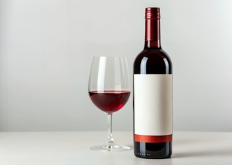 Red wine bottle and glass on white background