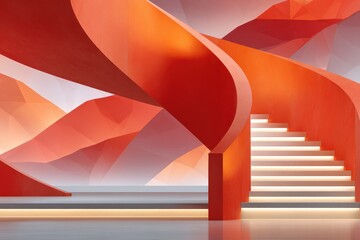 Modern red spiral staircase with minimalistic low-poly geometric background design