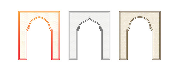 Geometric patterned oriental arch frame with Islamic inspired outlines and decorative line symmetry in cultural architectural vector art illustration template.
