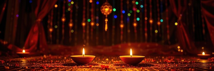Diwali Festival Celebration with Traditional Oil Lamps and Festive Lights Decoration