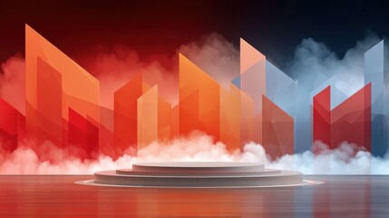 Abstract Futuristic Stage with Polygonal Elements and Atmospheric Mist