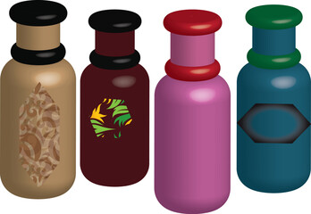 A Collection of Four Distinctly Designed Bottles, Each Featuring Unique Colors, Shapes, and Decorative Elements, Perfect for Essential Oils or Perfumes.