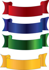 A Collection of Four Vibrant Curved Ribbon Banners in Red, Blue, Green, and Yellow for Design and Decoration Purposes.