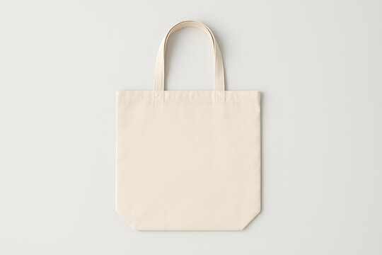 Blank beige cotton tote bag mockup on light gray background