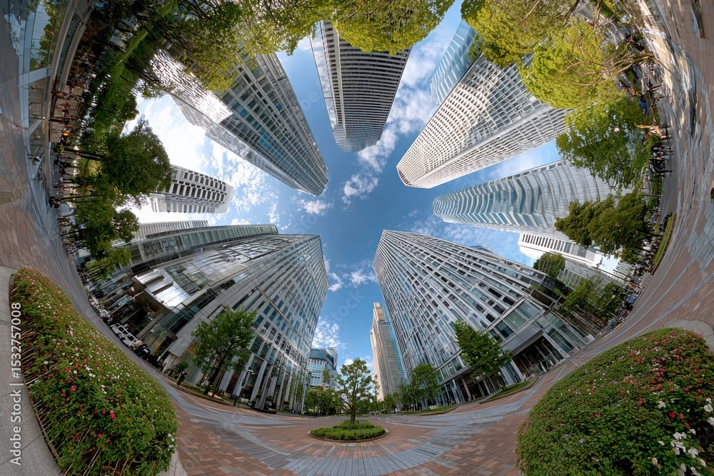 Poster looking up at skyscrapers in city park, representing urban development and corporate growth with a s