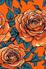 Roses on orange background cartoonish seamless pattern