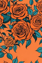 Roses on orange background cartoonish seamless pattern